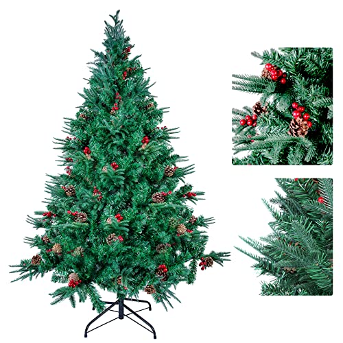 himaly Künstliche Weihnachtsbäume 150 cm mit 448 Spitzen, PVC/PE Material Naturgetreue Tannenbaum künstlich Christbaum, 39pcs echten Tannenzapfen, 39pcs roten Früchten für Innen und Außendekoration