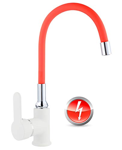 ATCO® Niederdruck Spültischarmatur FLAMINGO flexibler Auslauf Küchenarmatur Einhandmischer Wasserhahn Armatur Küche Spüle Spültisch weiss-rot