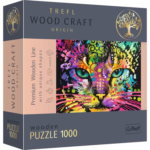 Trefl 20148 1000 Teile, Wood Craft, unregelmäßige Formen, 100 Tierfiguren, hochwertiges modernes Puzzle, DIY, für Erwachsene und Kinder ab 12 Jahren, Buntes Katzenpuzzle