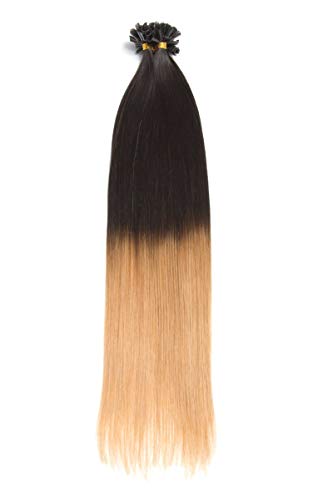 Schwarze Bonding Extensions aus 100% Remy Echthaar - 25x 1g 60cm Glatte Strähnen U-Tip als Haarverlängerung und Haarverdichtung in der Farbe ombre #1b/27 Naturschwarz/Honigblond