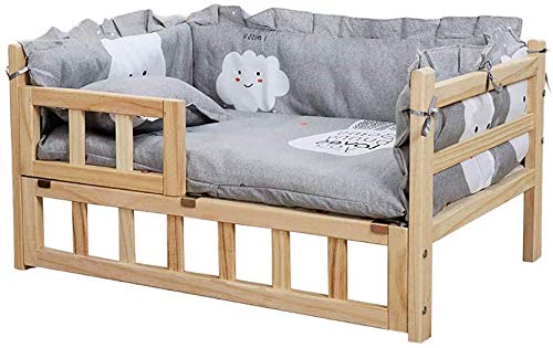 zaizai Massivholz-Haustierbetthund, Hundebett Mit Grauer Waschbarer Matratze, Holzrahmen 14 cm Über Dem Boden Erhöht, Erhöhtes Haustier-Sofa-Zwinger, Haustiernestmöbel-M 74×49×36cm