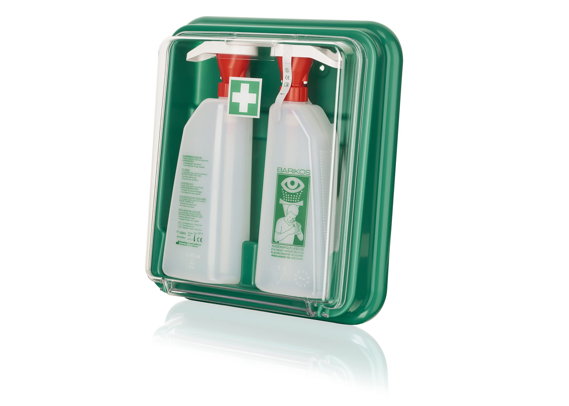 BARIKOS Augenspülflaschen-Set: 2 Augenspülflasche à 620 ml inkl. Wandbehälter, Erste Hilfe Augendusche