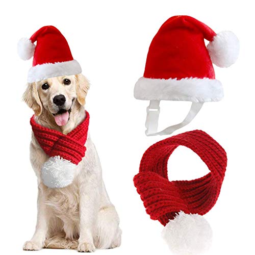 Inscape Data Weihnachtsmütze mit Schal, verstellbare Weihnachtsmannmütze für Hund und Xmas Haustier Stricken Roter Schal mit weißem Pompon Ball, Hund Winter Halswärmer Schal, Weihnachten Party Dressup