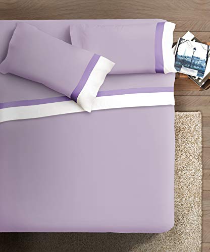 Bettwäsche-Set mit doppeltem Volant, aus Baumwolle, für Doppelbett, Satin, Weiß/Violett