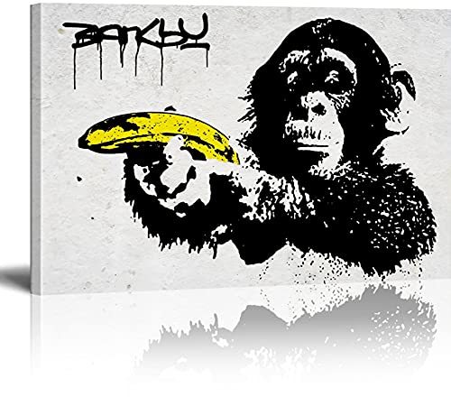 MJEDC Banksy Bilder Leinwand Affe mit Banane Graffiti Street Art Leinwandbild Fertig Auf Keilrahmen Kunstdrucke Wohnzimmer Wanddekoration Deko XXL 40x60cm(15.7x23.6inch)