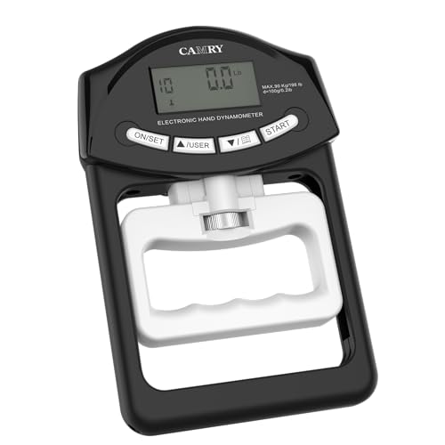 CAMRY Digitales Hand-Dynamometer, Messgerät zur Messung der Griffstärke, automatische Erfassung der elektronischen Handgriffkraft, 198 lbs/90 kg, Schwarz und Weiß