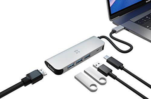 XtremeMac USB C Adapter, 5 Port Aluminium USB C Hub mit HDMI 4K Adapter, 3 USB 3.0 Anschlüsse, Typ C PD 60 W (20V, 3A) für MacBook Air Pro 2015/2016/2017/2018/2019/2020 und mehr Type-C Geräte (Silber)