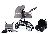 Pixini Kinderwagen (Neyla Kombikinderwagen mit Stoffwanne/Sitz/Wickeltasche/Cupholder/Regenschutz/Mückennetz/Wickelauflage in schwarz/braun)