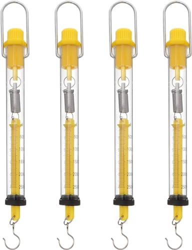 Scientific Kunststofffederwaage, röhrenförmige Federwaage, 250 g/2,5 N Gewichtskapazität, Newton-Kraftmesser, Dynamometer, Hakenwaage, Gelb, 4 Stück