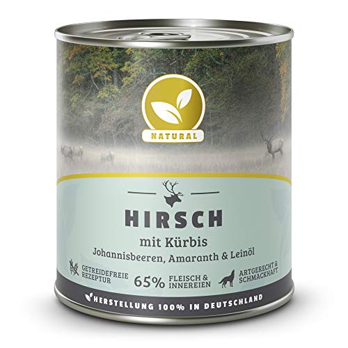 Hundeland Natural - Hirsch + Kürbis - 6 x 800 g - getreidefreies Hundefutter - Nassfutter für alle Hunderassen - viel frisches Fleisch - artgerecht & besonders gut verträglich