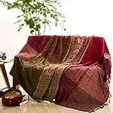 Sofaüberwurf, Möbelschutzdecke aus Chenille-Jacquard mit Fransen, mediterraner Stil, Decke für alle Jahreszeiten, rot / grün, 220*260CM