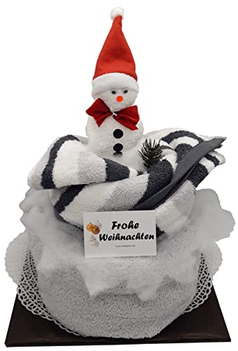Frotteebox Geschenk Set Weihnachtstorte mit Schneemann in Handarbeit geformt aus Duschtuch, Handtuch, Waschhandschuh und Weihnachtsmütze