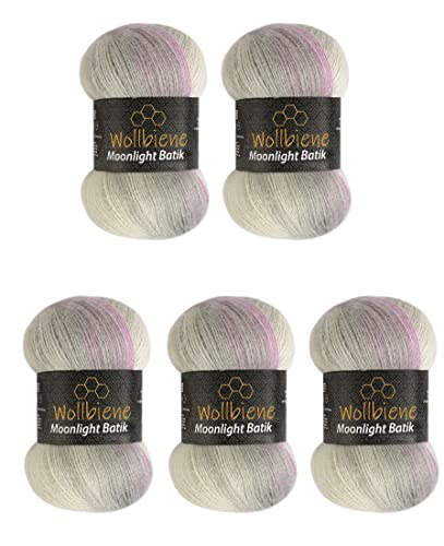 Wollbiene Moonlight Batik 5 x 100g Strickwolle 500 Gramm Wolle zum Stricken und Häkeln 20% Wolle türkische Wolle Farbverlaufswolle Strickwolle (2700 rose grau)