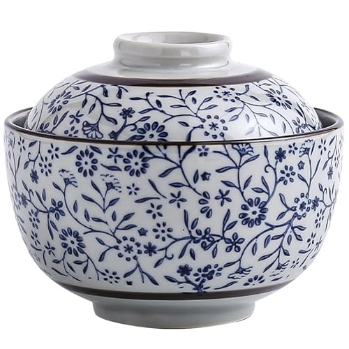 4,5-Zoll-Schüssel mit Deckel, klassische blau-weiße Keramik-Eintopf-Suppenschüssel, Eier-Eintopf-Tee, gedämpfte japanische Reis-Ramen-Schalen (Color : Color 1)