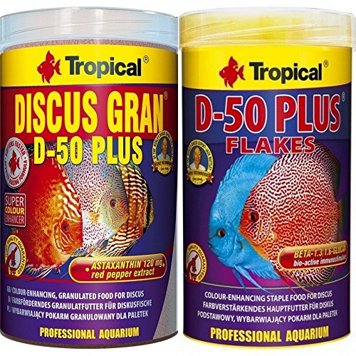 Tropical 1 Liter Discus Gran D - 50 Plus + 1 Liter Discus Flocken D- 50 2 er Set Diskus Fischfutter