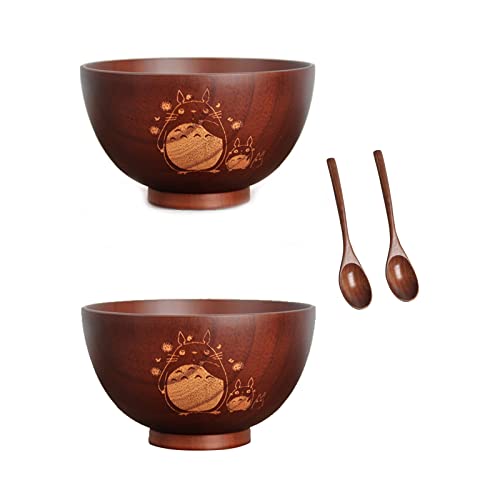 Huachaoxiang 2er Set Japanische Reisschale Suppenschale aus Kastanienholz für Reis, Suppen, Desserts, Knabbereien, (11,7 cm Durchmesser) Schale für Kinder (Schalen + Löffel),Braun