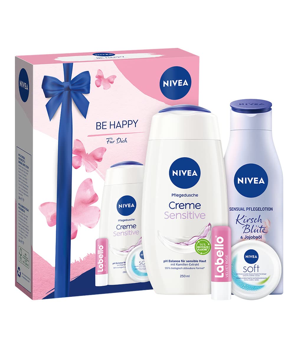 NIVEA Be Happy Geschenkset, verwöhnendes Beauty Set mit feuchtigkeitsspendenden Pflegeprodukten, Pflegeset mit Duschgel, Body Lotion und mehr