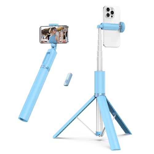 ATUMTEK 140cm Selfie-Stick-Stativ, ausziehbares All-in-One-Telefonstativ aus Aluminium mit wiederaufladbarer Bluetooth-Fernbedienung für iPhone, Samsung, Hellblau