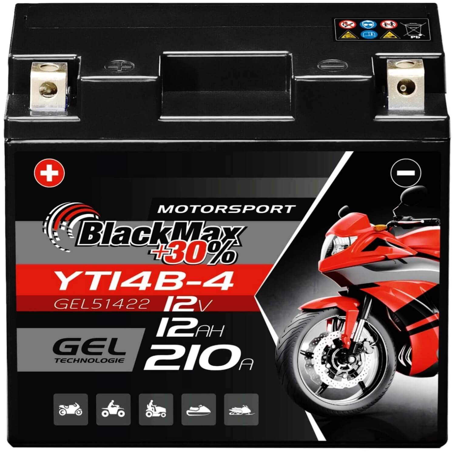 BlackMax YT14B-4 GEL Motorradbatterie 12V 12Ah Batterie 51422