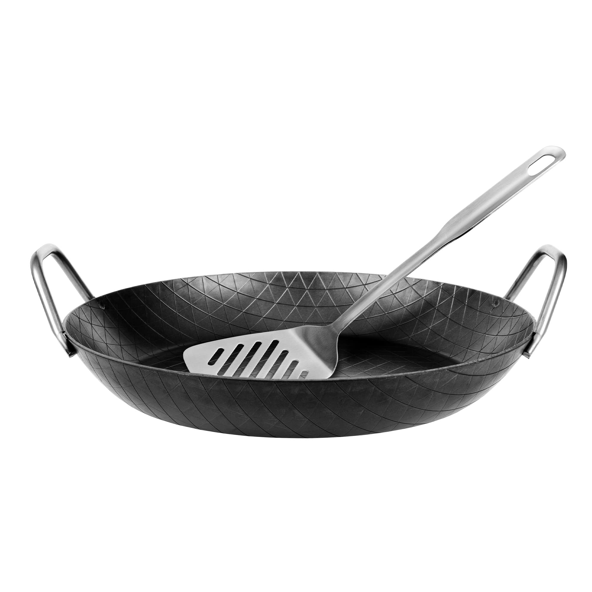 GRÄWE Schmiedeeiserne Servierpfanne F 400, Ø 32 cm, hoher Rand, Eisenpfanne mit Griffen, mit Wender, 400° C hitzebeständig, Pfanne aus Eisen, kratzfeste Bratpfanne, unbeschichtet, induktionsgeeignet