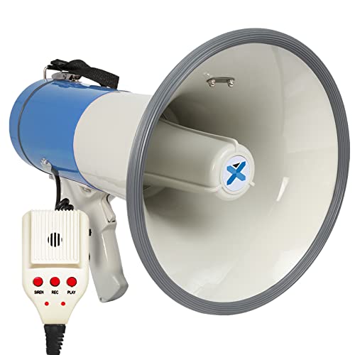 Vonyx MEG055 Megafon Prof. 55W Megaphone mit Mikrofon (Bluetooth, MP3 fähiger USB-Slot, SD-Speicherslot, Aufnahme, Batterie-Betrieb) blau-weiß