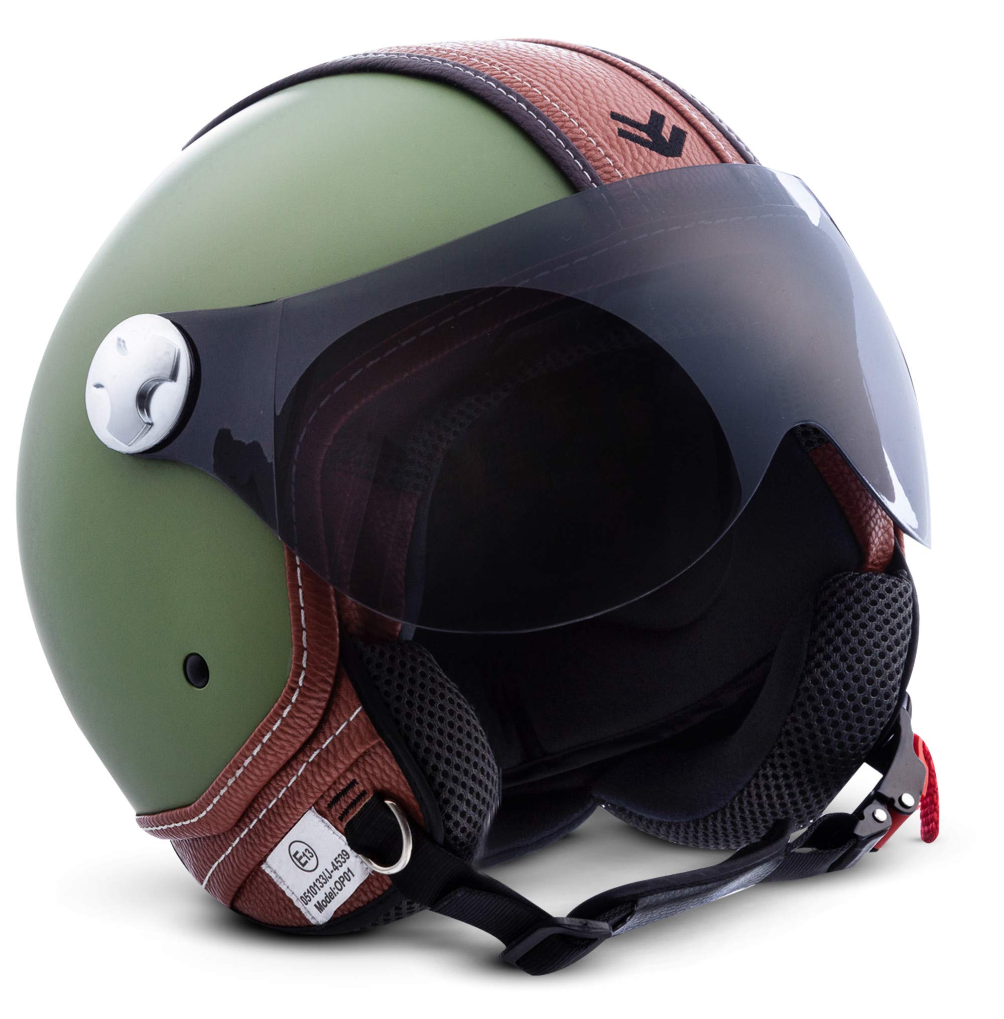 ARMOR HELMETS® AV-84 „Vintage Deluxe Green“ · Jet-Helm · Motorrad-Helm Roller-Helm Scooter-Helm Moped Mofa-Helm Chopper Retro Vespa Vintage · ECE 22.05 Visier Schnellverschluss Tasche XS (53-54cm)