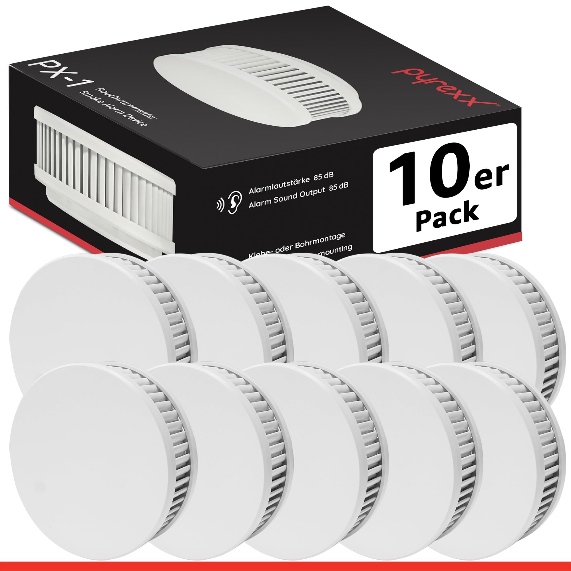 Pyrexx PX-1 Rauchwarnmelder - 10 Stück - 12 Jahre Batterie mit Magnet-Halterung ohne Bohren und LED-Blinken, Zertifiziert nach Q-Label, Weiß
