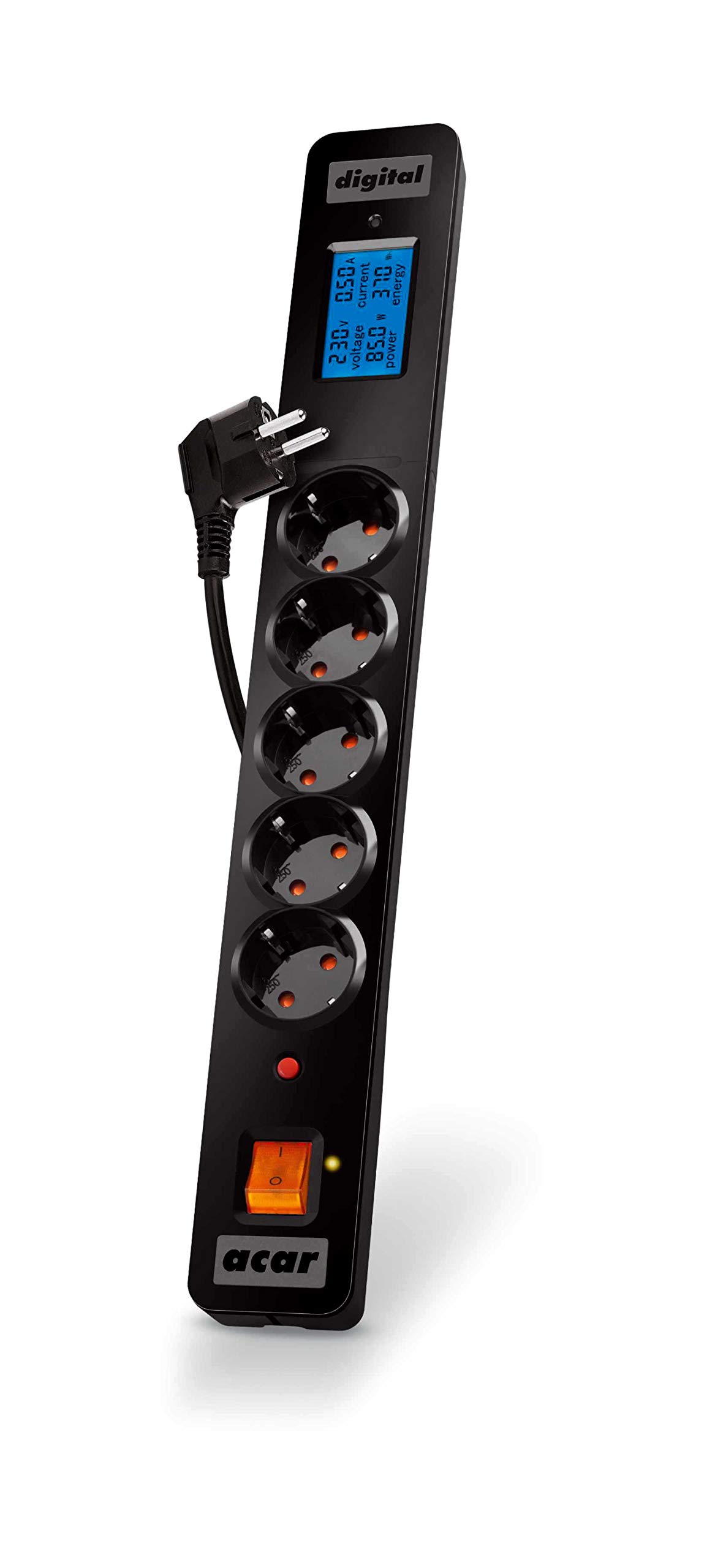 acar digital Schuko-5-fach Steckdosenleiste mit Überspannungsschutz (inkl. Energie Messsystem, 3m Kabel), schwarz
