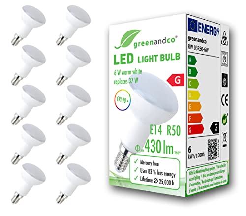 GreenAndCo 10x CRI 90+ LED Lampe ersetzt 37 Watt R50 E14 matt, 6W 430 Lumen 3000K warmweiß 160° 230V AC, flimmerfrei, nicht dimmbar, 2 Jahre Garantie