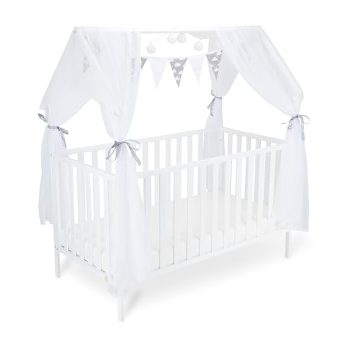 FabiMax Kinderbett Hausbett Schlafmütze, 70x140 cm, aus Kiefernholz weiß lackiert, mit Matratze Comfort, mit grau/weißer Deko