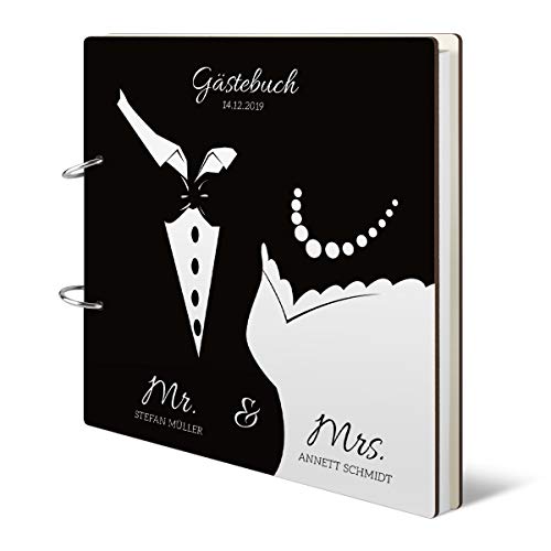 Hochzeit Gästebuch Holzcover 215 x 215 mm 144 Naturpapier Innenseiten personalisiert - Mr & Mrs