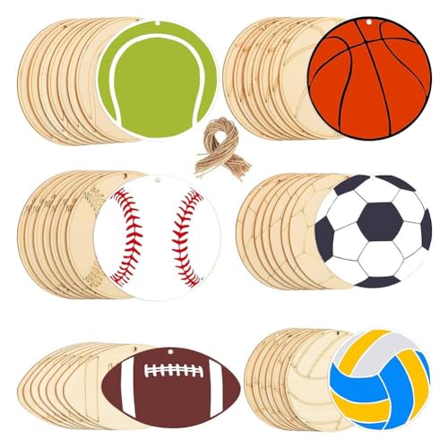 Frsoinor 84PCS -Aufhänger Ornament Set Kit Volleyball Basketball Baseball Tennis Soccer Form Unvollendetes Blank Wood Chip Dekorative Set Kit
