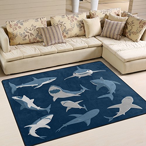 Use7 Teppich mit Cartoon-Hai-Motiv, für Wohnzimmer, Schlafzimmer, 160 x 122 cm, Blau