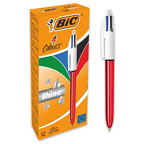 BIC 4-Farb-Druckkugelschreiber 4 Colours Shine - Roter Kugelschreiber dokumentenecht mit blauer, schwarzer, roter und grüner Mine - Schachtel à 12 Stück