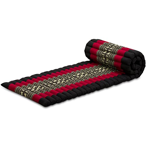 livasia Kapok Rollmatte in 190cm x 50cm x 4,5cm der Marke Liegematte BZW. Yogamatte, Thaikissen, Thaimatte als asiatische Rollmatratze (schwarz/Elefanten)