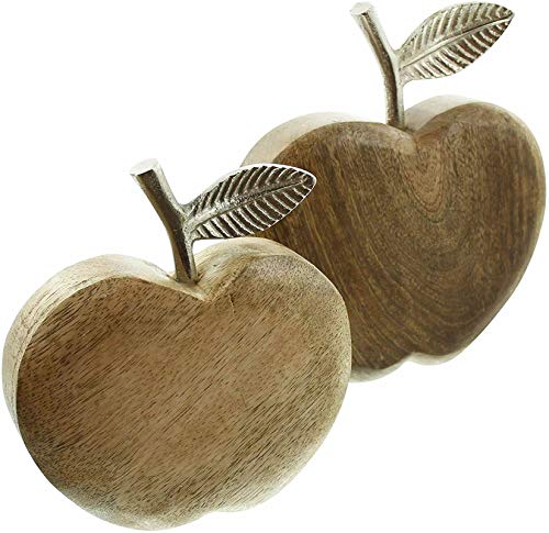 Apfel aus Mango Holz & Alu, 2er Set, Deko Obst Herbst Silber Figur Holzdeko