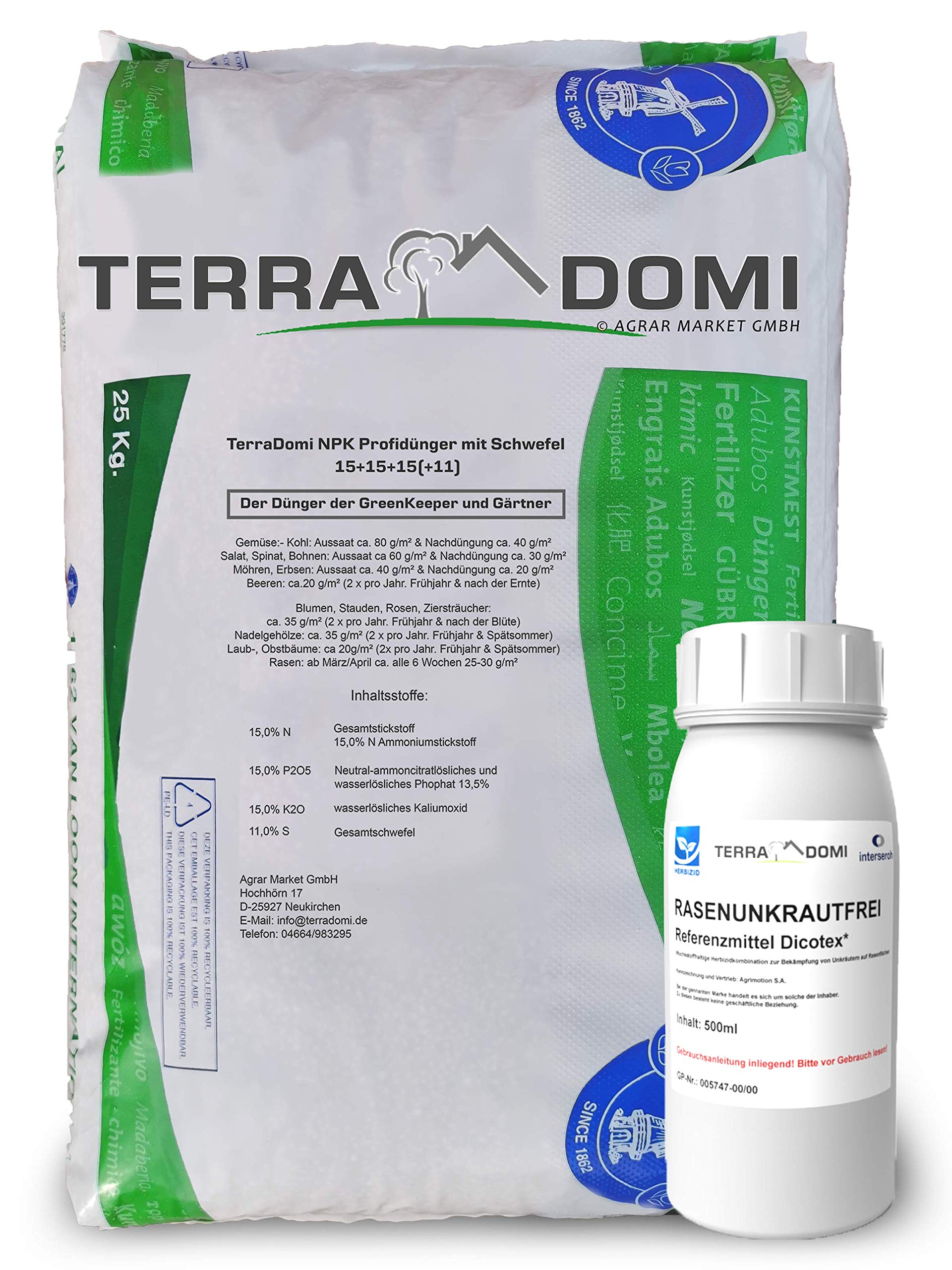 TerraDomi NPK 15-15-15 Rasendünger 25kg mit 500ml Rasenunkrautvernichter, Referenzmittel: Dicotex für bis zu 600 m2 I unschlagbare Zweifachwirkung, gegen gängige Unkräuter, Herbizid