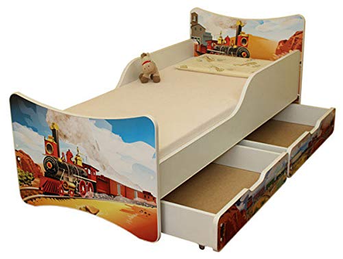BEST FOR KIDS Kinderbett mit Schaummatratze mit TÜV Zertifiziert 90x180 MIT Zwei SCHUBLADEN 30 Designs (**Kinder**, Zug)