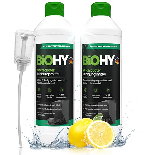BiOHY Wischroboter Reinigungsmittel (2 x 500ml) + Dosierer | Speziell für Reinigungsstationen entwickelt | Verlängert die Lebensdauer der Absaugstation | Schaumarmes Bodenreiniger Konzentrat