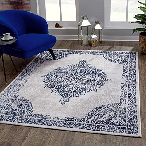 SANAT Evra Teppich für das Wohnzimmer - Kurzflorteppich mit traditionellem Design - geeignet für Wohnzimmer, Flure, Korridore, Esszimmer, Schlafzimmer und Küche - Grau Blau, 80 x 150 cm