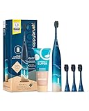 happybrush® Elektrische Schall-Zahnbürste Eco VIBE 3 Ocean - Nachhaltige Zahnbürste mit 6 Wochen Power-Akku inkl. 3 Aufsteckbürsten und Zahnpasta - Blau