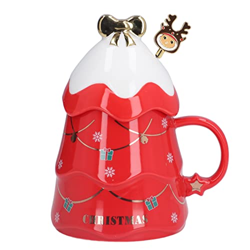 Kuuleyn Weihnachtskaffeetasse mit Deckel, 500ml Großes Fassungsvermögen Weihnachtstasse Keramik Tee Milchtasse Kaffeetasse mit Deckellöffel für Home Office und Camping (rot)