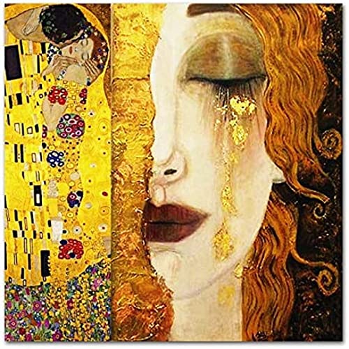 WYWQN 5D-Diamant-Gemälde voller Strass-Mosaik Goldene Tränen und Kuss Gustav Klimt Kreuzstichbild Diamantstickerei Diamanten runder Diamant 3D ungerahmt 50 x 60 cm