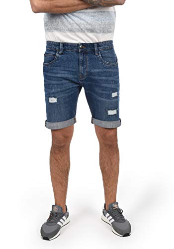 Indicode Hallow Herren Jeans Shorts Kurze Denim Hose Mit Destroyed-Optik Aus Stretch-Material Regular Fit, Größe:L, Farbe:Medium Indigo (869)
