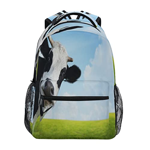 Großer Rucksack mit Tiermotiv, Kuh, Gras, Wolke, Rucksack, Büchertasche, 40,6 x 29,5 x 17,9 cm, für Reisen, Wandern, Schultasche für Erwachsene und Jungen