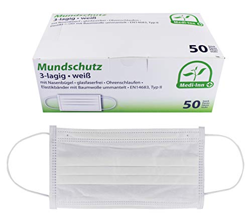 Medi-Inn+ Mundschutz Atemschutz Gesichtsmaske Einwegmaske mit Elastikbändern Typ II 3-lagig weiß (10 x 50 = 500 Stück)