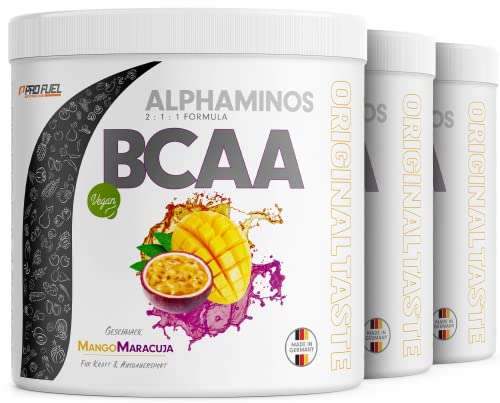 BCAA Pulver 3x300g MANGO-MARACUJA - Testsieger - ALPHAMINOS BCAA 2:1:1 - Das ORIGINAL von ProFuel - Essentielle BCAA Aminosäuren - Unfassbar leckerer Geschmack - 100% vegan - Top Löslichkeit