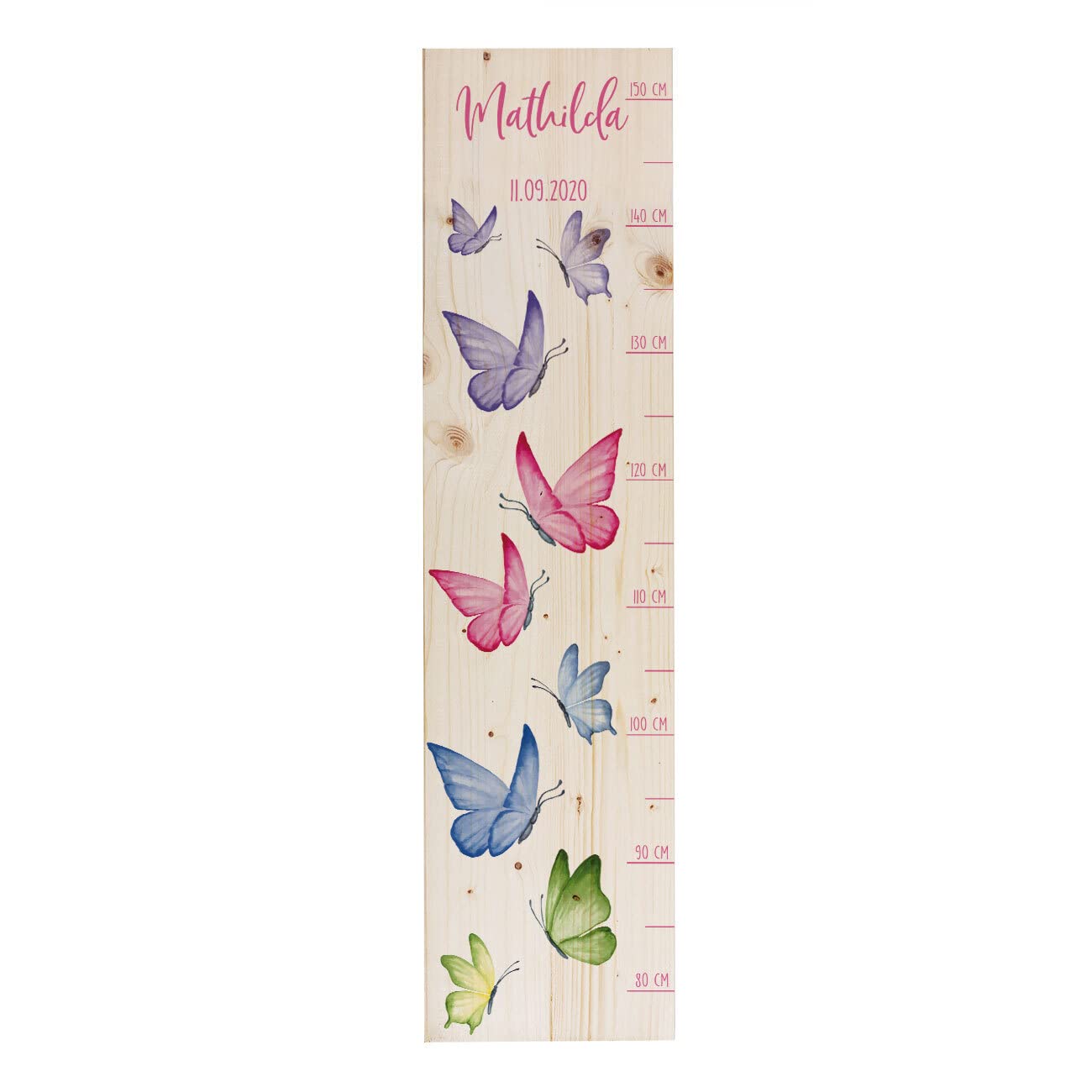 Striefchen® Messlatte für Kinder mit Namen aus Holz für Kinderzimmer mit niedlichen Motiven Messleiste Schmetterlinge