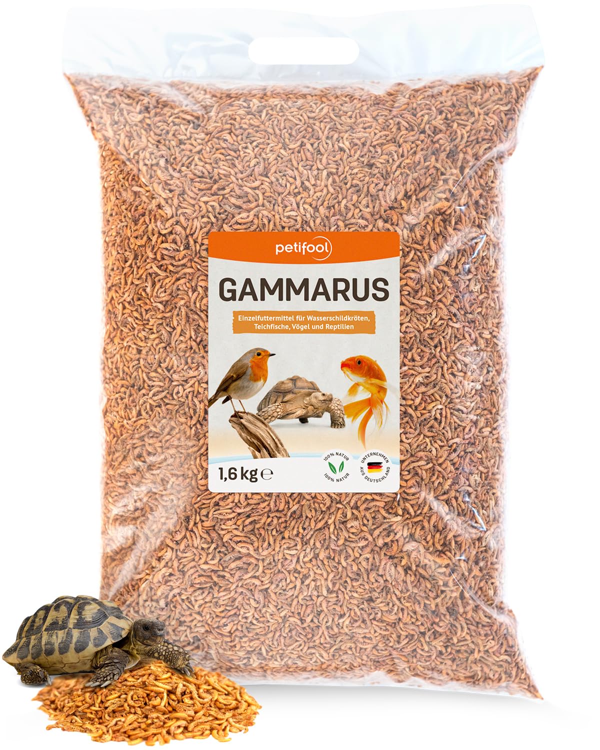 petifool Gammarus 1600g – getrocknete Bachflohkrebse - gesunder Snack für Schildkröten, Fische, Vögel, Reptilien und Nager – natürliches Futtermittel