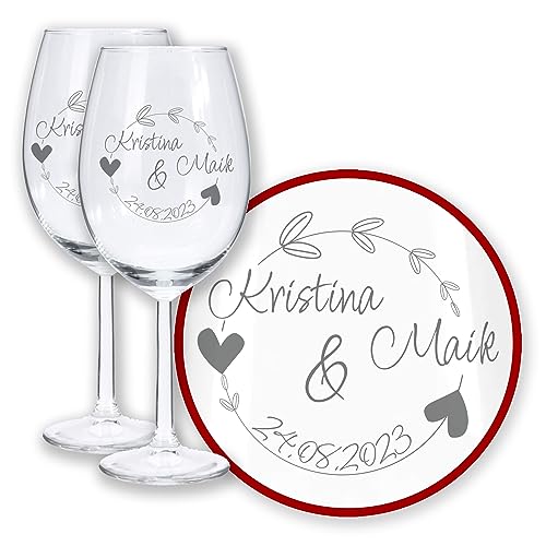 LALALO Hochzeit Weingläser Geschenk-Set mit Gravur: Wein, Brautpaar Präsent & Deko zum Hochzeitstag – Weinglas personalisiert als Hochzeitsgeschenk (Kreisromantik)